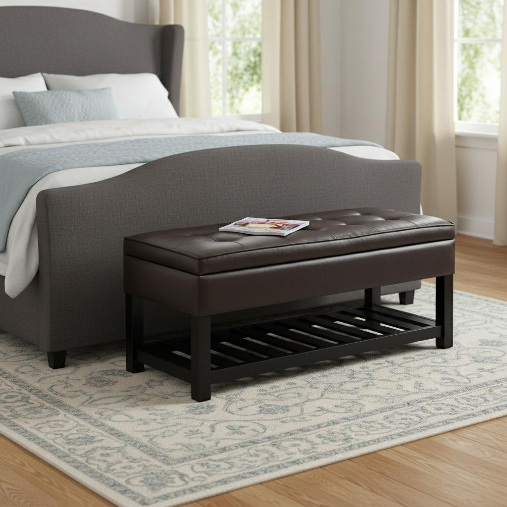 641842 44 in. Brown & Dark Brown Leather Ottoman with Storage