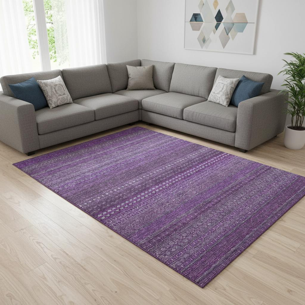 647498 8 x 10 ft. Eggplant & Ivory Striped Washable Machine Made Rectangle Area Rug with UV Protection