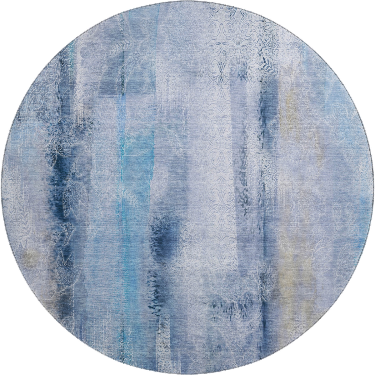 648115 8 ft. Blue & Ivory Abstract Transitional Washable Round Area Rug with UV Protection