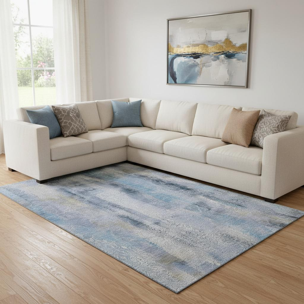 648118 10 x 14 ft. Blue & Ivory Abstract Transitional Washable Machine Made Rectangle Area Rug with UV Protection