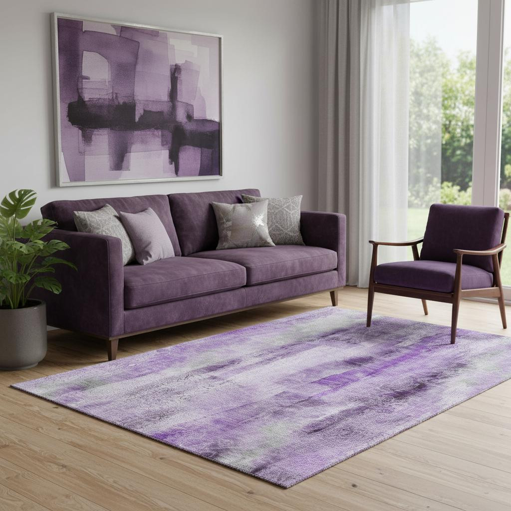 648126 5 x 8 ft. Purple & Ivory Abstract Transitional Washable Machine Made Rectangle Area Rug with UV Protection