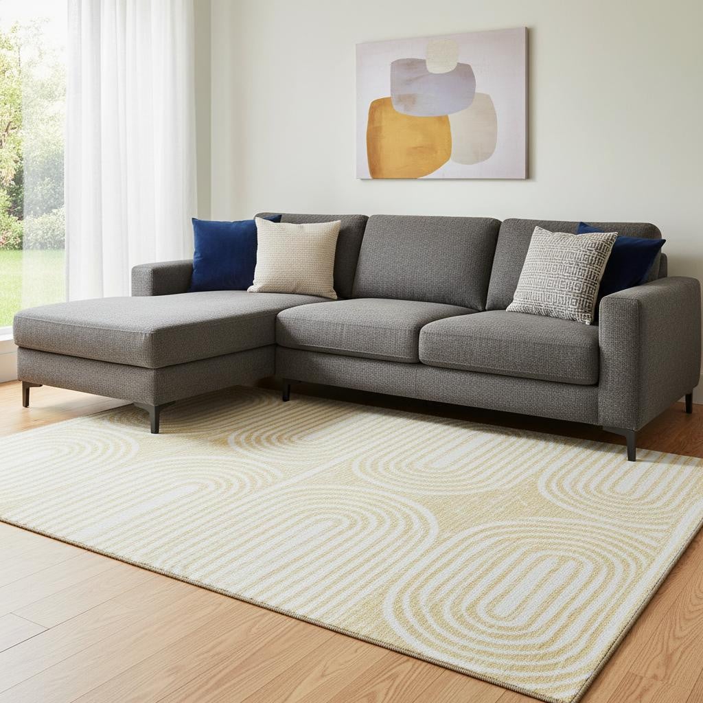 648244 10 x 14 ft. Gold & Ivory Geometric Contemporary Washable Machine Made Rectangle Area Rug with UV Protection