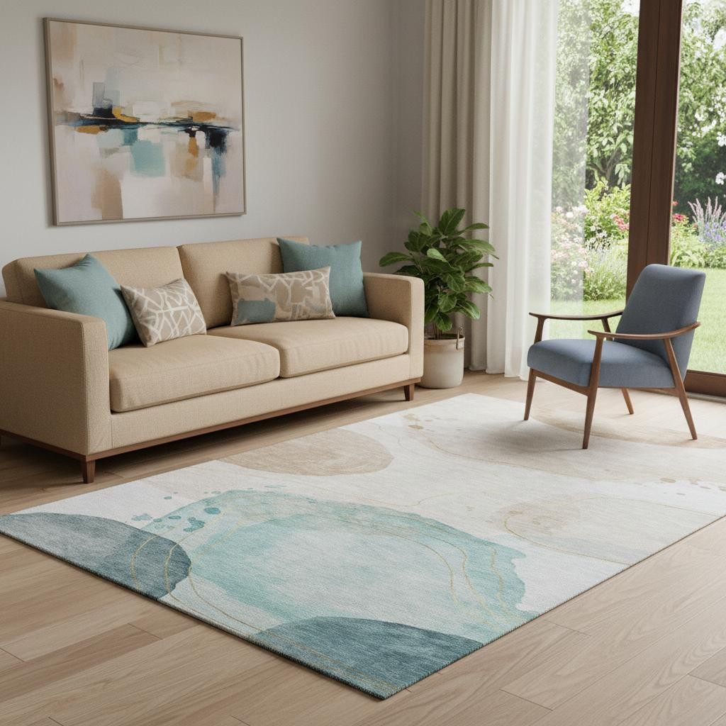 648456 5 x 8 ft. Beige, Ivory & Teal Abstract Washable Machine Made Rectangle Area Rug with UV Protection