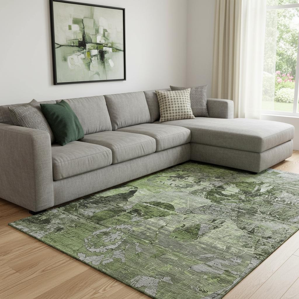 648856 10 x 14 ft. Green & Gray Abstract Transitional Washable Machine Made Rectangle Area Rug with UV Protection