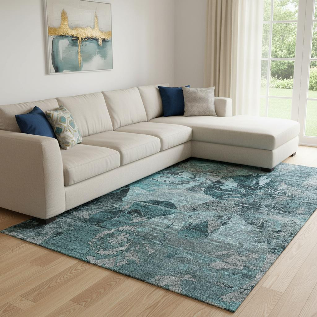 648880 10 x 14 ft. Teal & Gray Abstract Transitional Washable Machine Made Rectangle Area Rug with UV Protection