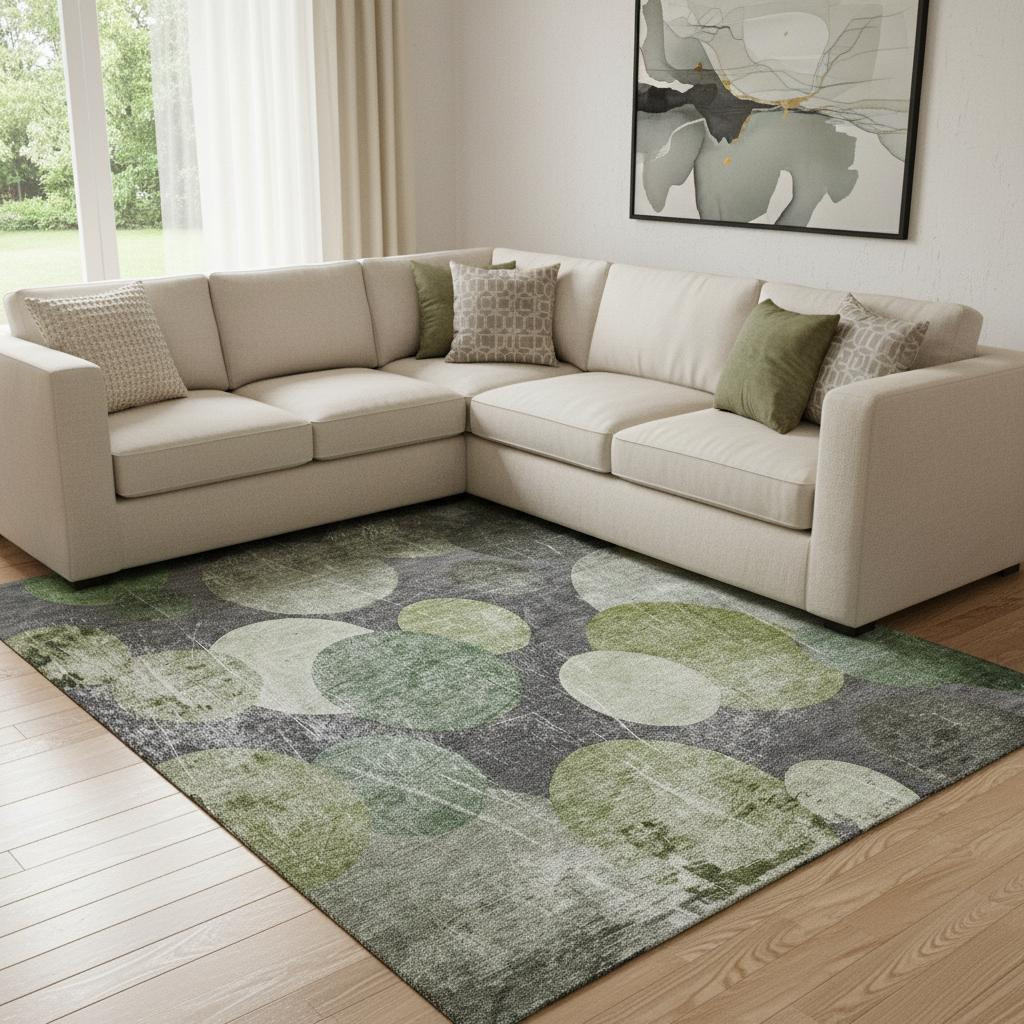 648910 10 x 14 ft. Green, Ivory & Gray Abstract Washable Machine Made Rectangle Area Rug with UV Protection