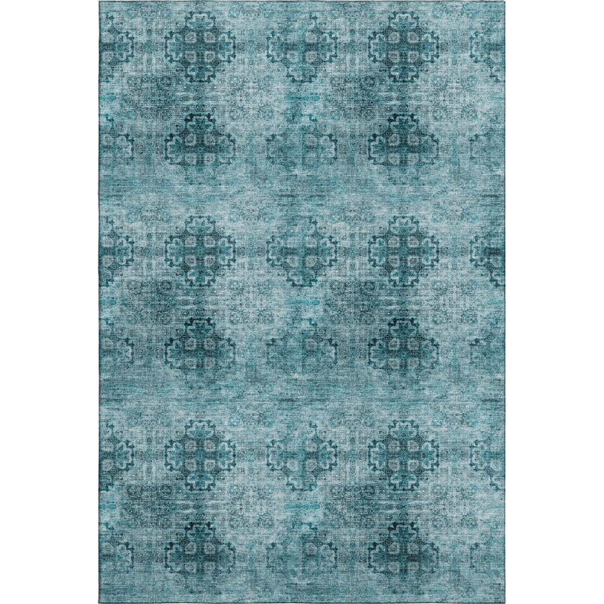 648957 9 x 12 ft. Teal & Ivory Floral Medallion Transitional Washable Machine Made Rectangle Area Rug with UV Protection