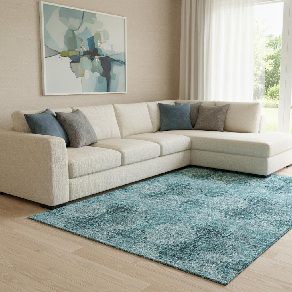 648958 10 x 14 ft. Teal & Ivory Floral Medallion Transitional Washable Machine Made Rectangle Area Rug with UV Protection