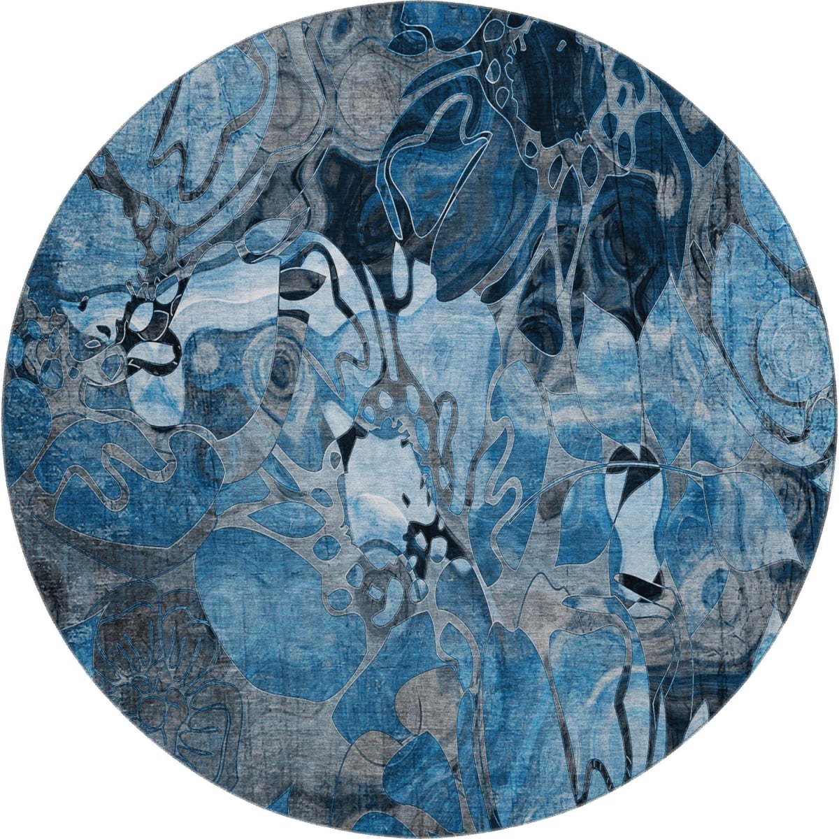 648967 8 ft. Blue, Ivory & Gray Floral Transitional Washable Round Area Rug with UV Protection