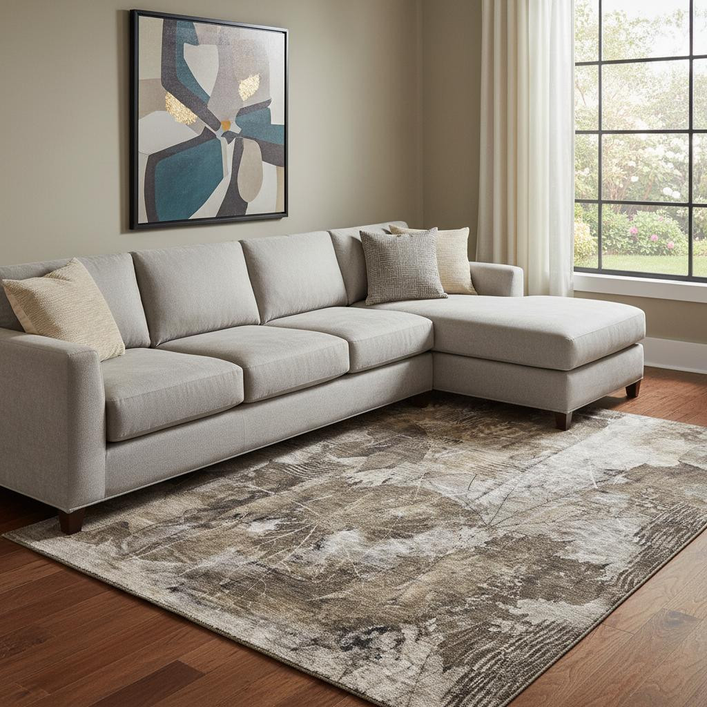 649090 10 x 14 ft. Taupe & Ivory Floral Transitional Washable Machine Made Rectangle Area Rug with UV Protection
