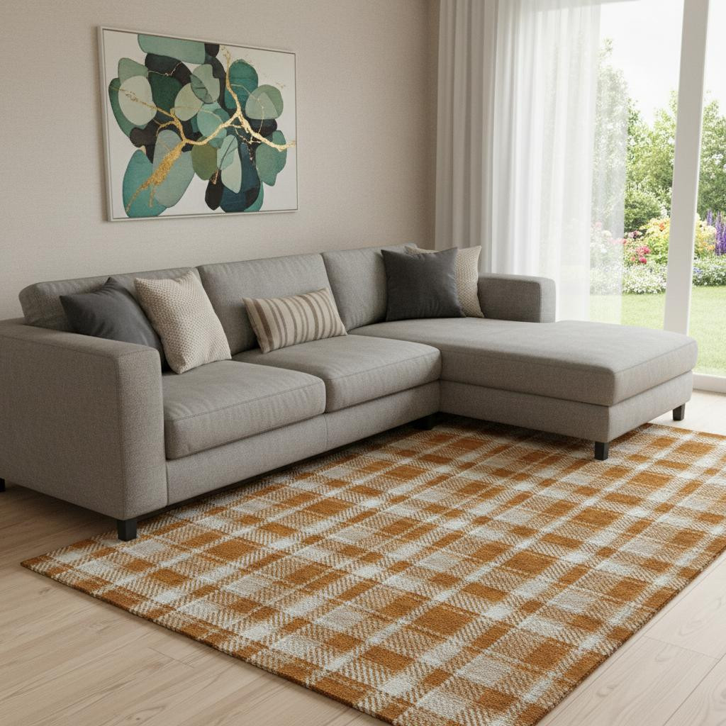 649456 10 x 14 ft. Rust & Ivory Plaid Washable Machine Made Rectangle Area Rug with UV Protection