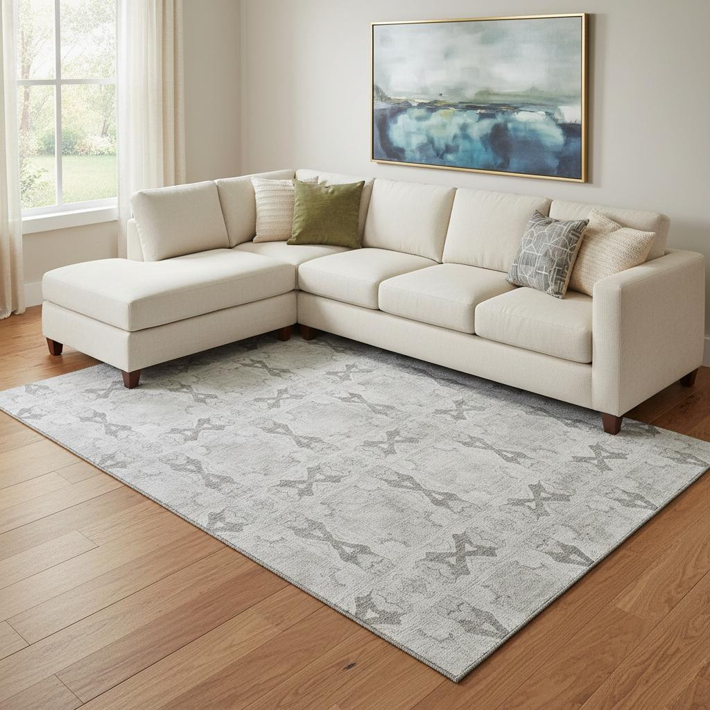 649498 10 x 14 ft. Ivory & Gray Floral Medallion Washable Machine Made Rectangle Area Rug with UV Protection