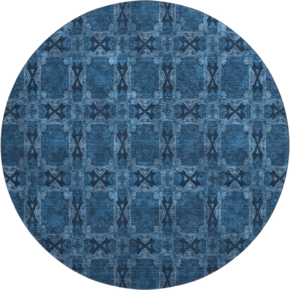 649501 8 ft. Navy Blue & Gray Floral Medallion Washable Round Area Rug with UV Protection