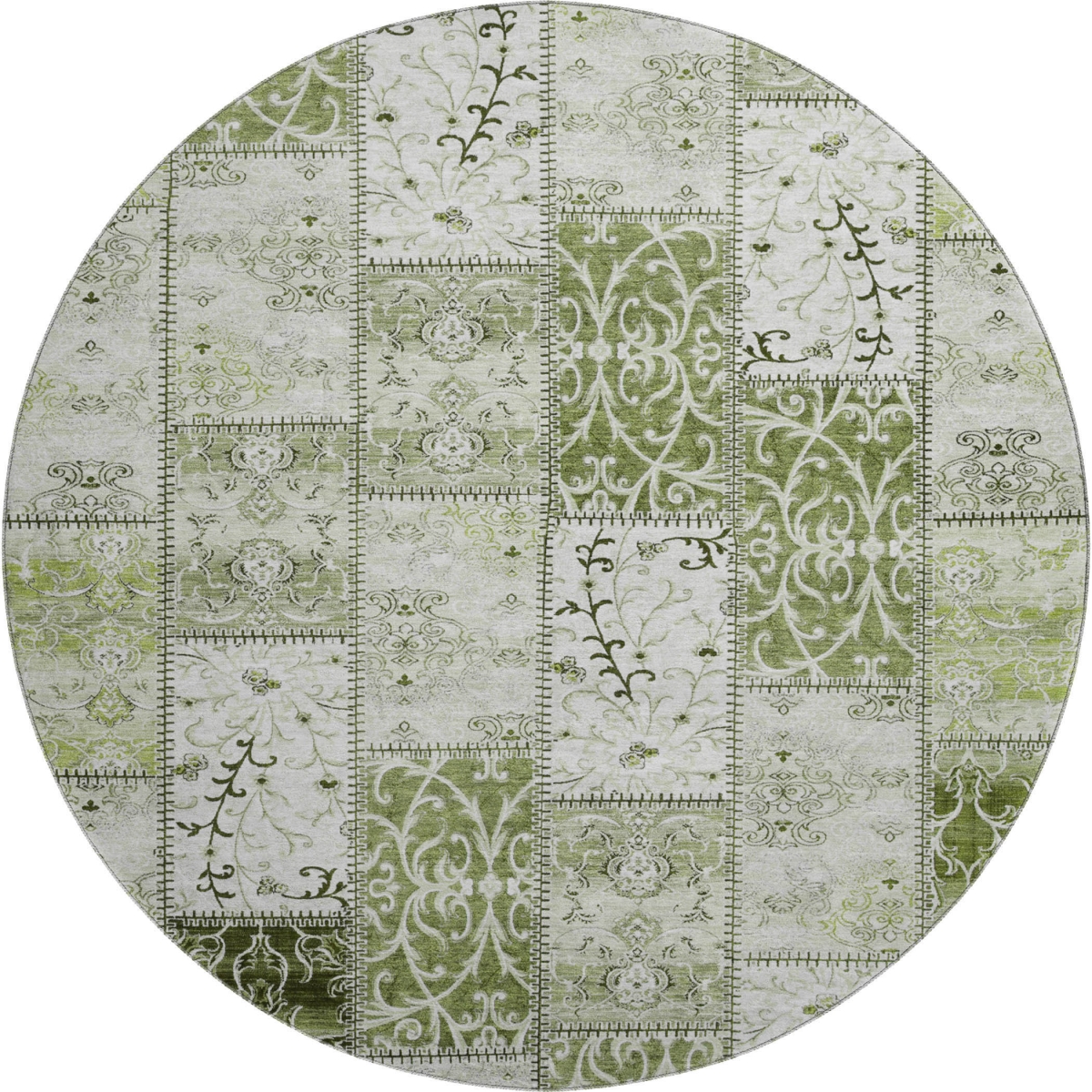 649573 8 ft. Green & Ivory Patchwork Washable Round Area Rug with UV Protection
