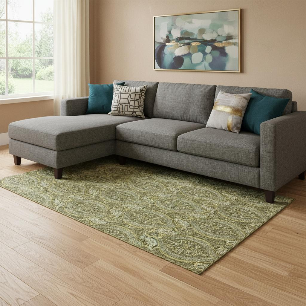 649792 10 x 14 ft. Green & Ivory Floral Transitional Washable Machine Made Rectangle Area Rug with UV Protection