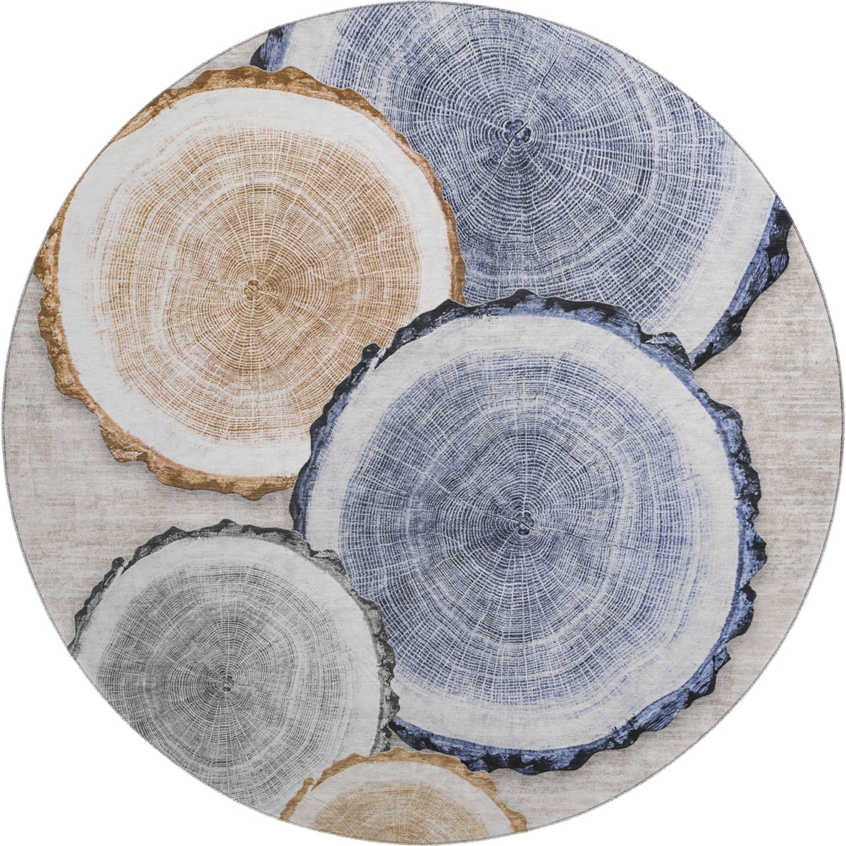 649915 8 ft. Beige, Blue & Ivory Woodland Lodge Washable Round Area Rug with UV Protection