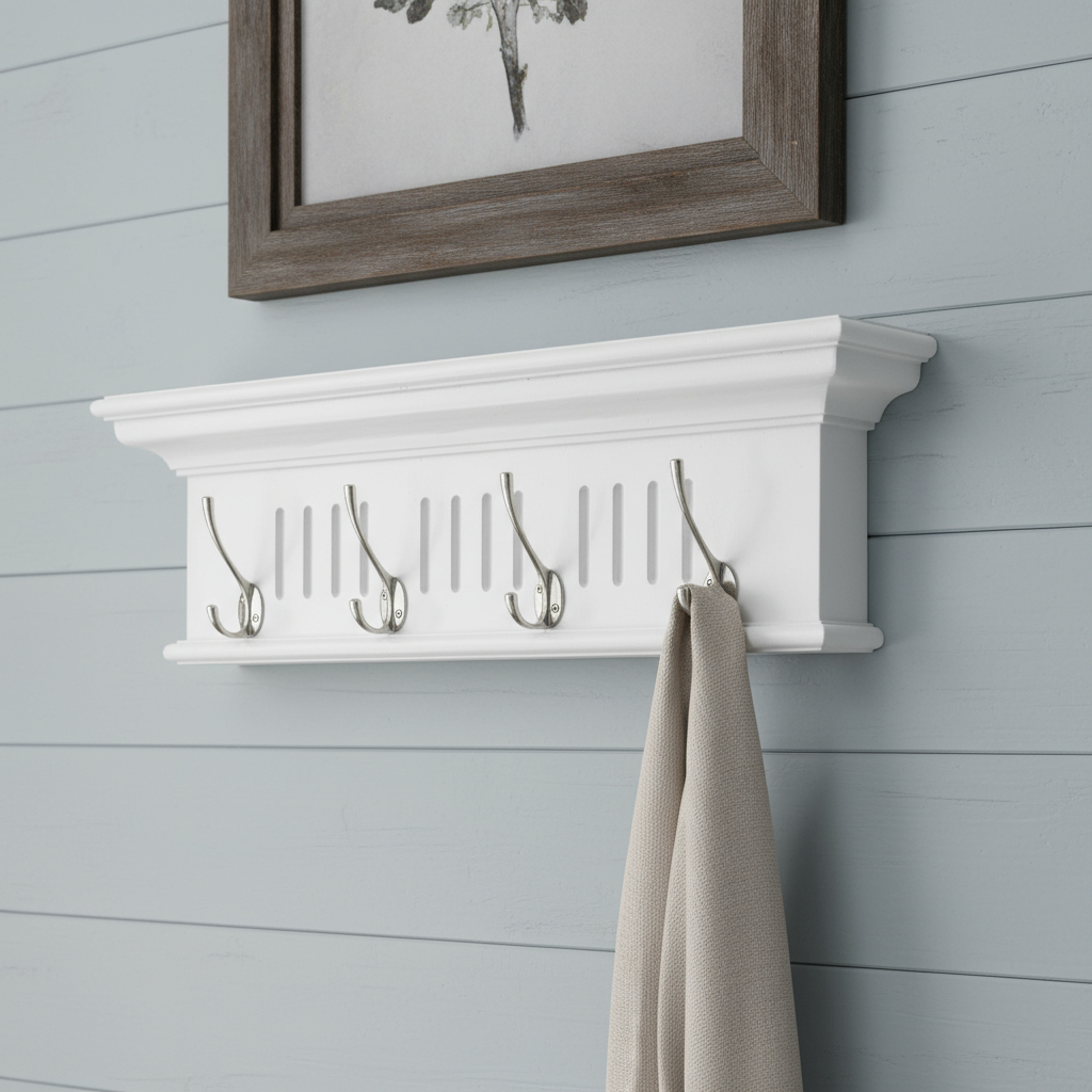 636373 7.87 x 27.56 x 3.94 in. White Solid Wood 4 Hook Wall Mount Coat Rack