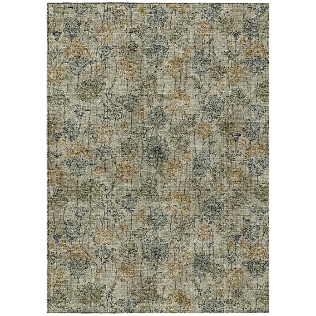 636495 9 x 12 ft. Khaki & Beige Floral Washable Transitional Indoor & Outdoor Rectangle Area Rug
