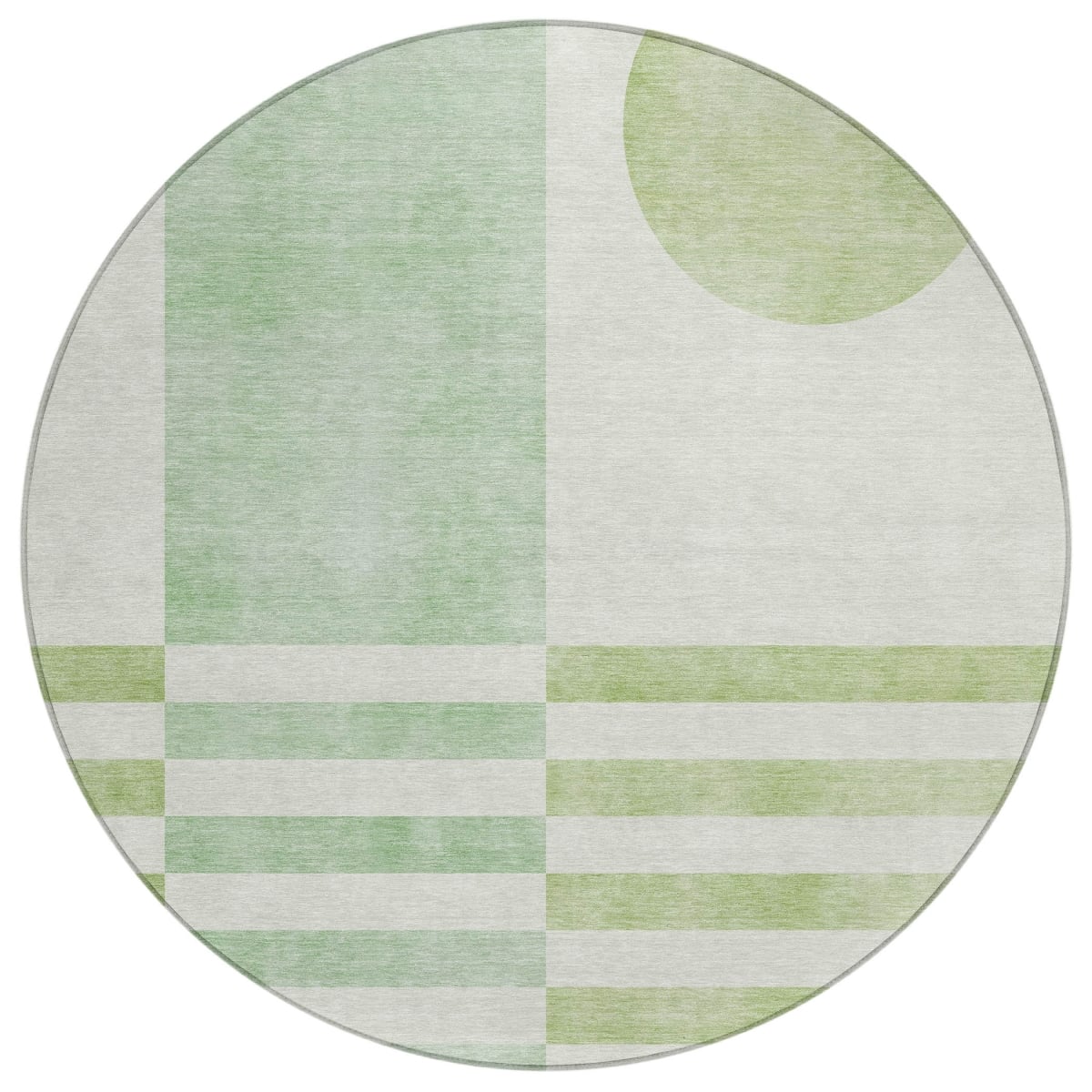 636589 8 ft. Green & Ivory Geometric Washable Transitional Indoor & Outdoor Round Area Rug