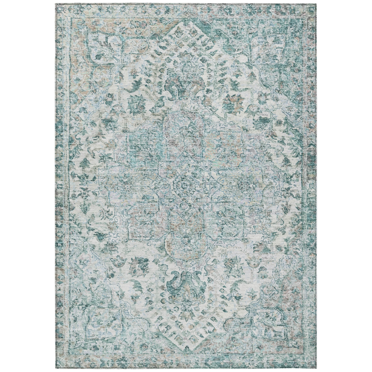 636808 9 x 12 ft. Teal Blue, Ivory & Pale Aqua Floral Medallion Washable Traditional Indoor & Outdoor Rectangle Area Rug