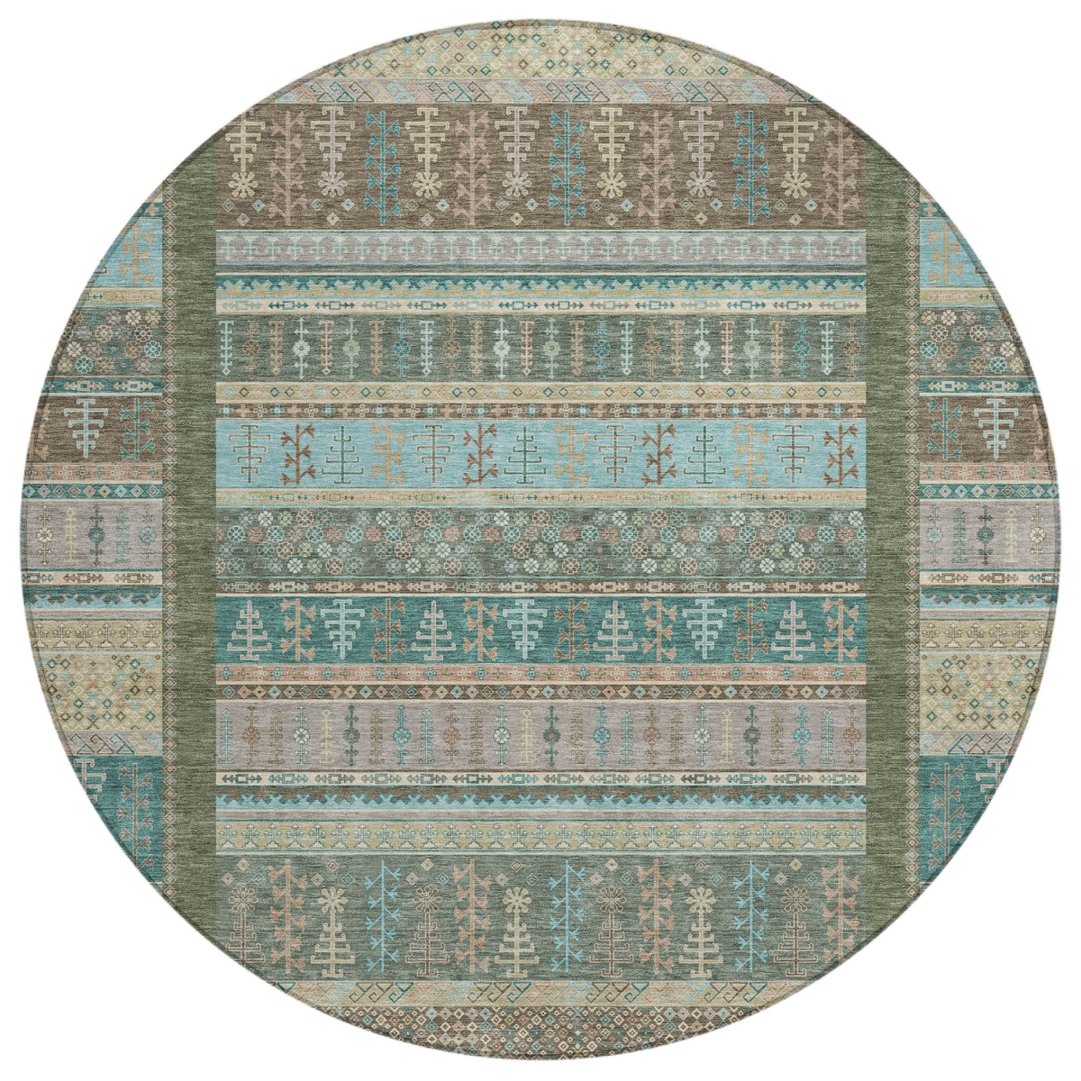 637436 8 ft. Artichoke Green Teal, Blue & Beige Striped Washable Transitional Indoor & Outdoor Round Area Rug