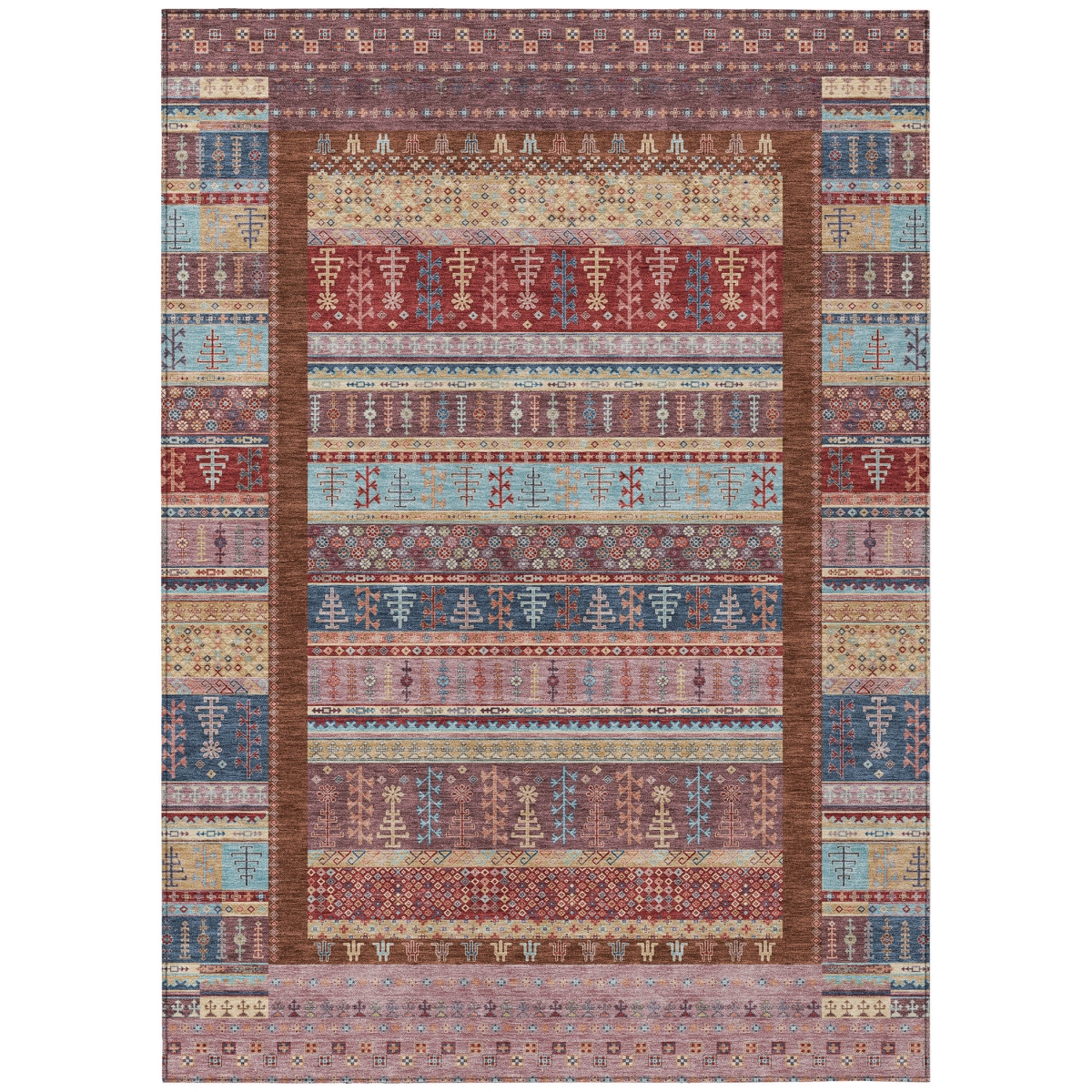 637467 8 x 10 ft. Red Beige & Sky Blue Striped Washable Transitional Indoor & Outdoor Rectangle Area Rug