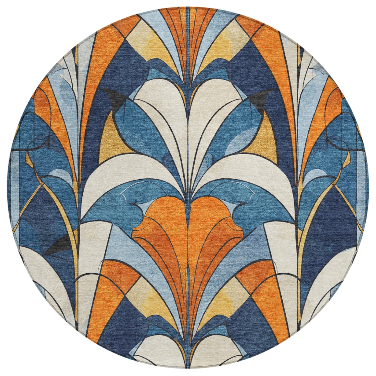 637876 8 ft. Blue Orange & Ivory Geometric Washable Transitional Indoor & Outdoor Round Area Rug