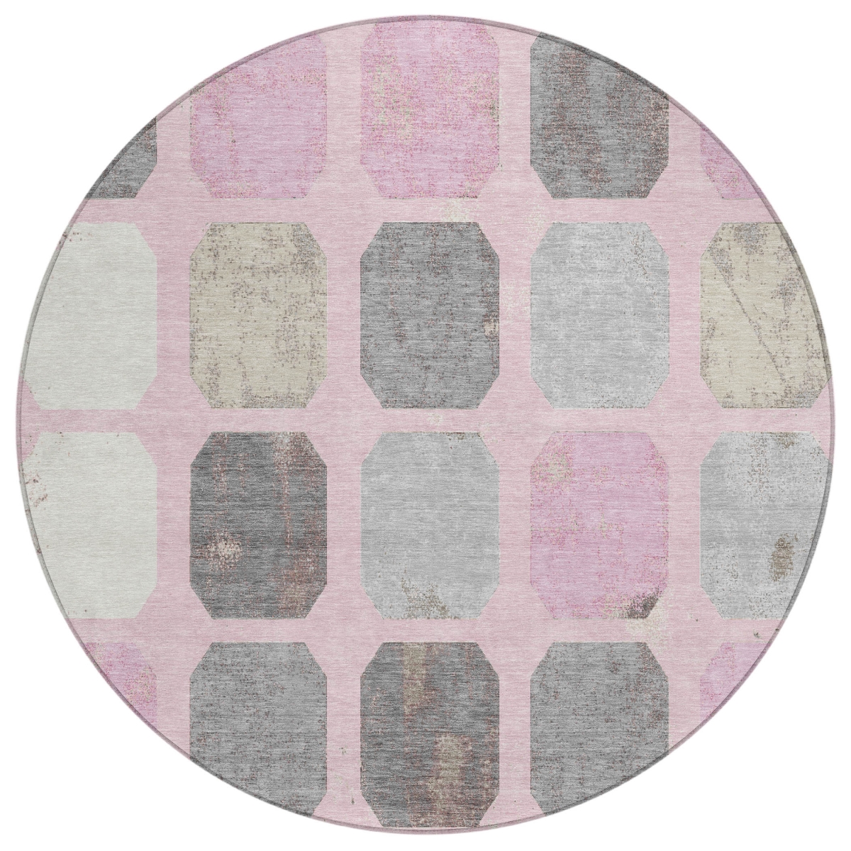 637967 8 ft. Pink Gray & Ivory Geometric Washable Transitional Indoor & Outdoor Round Area Rug