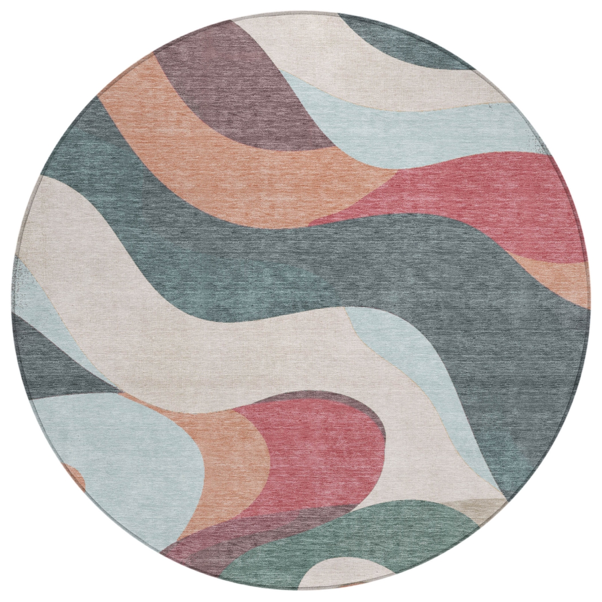 638021 8 ft. Coral Teal, Blue & Ivory Abstract Washable Transitional Indoor & Outdoor Round Area Rug