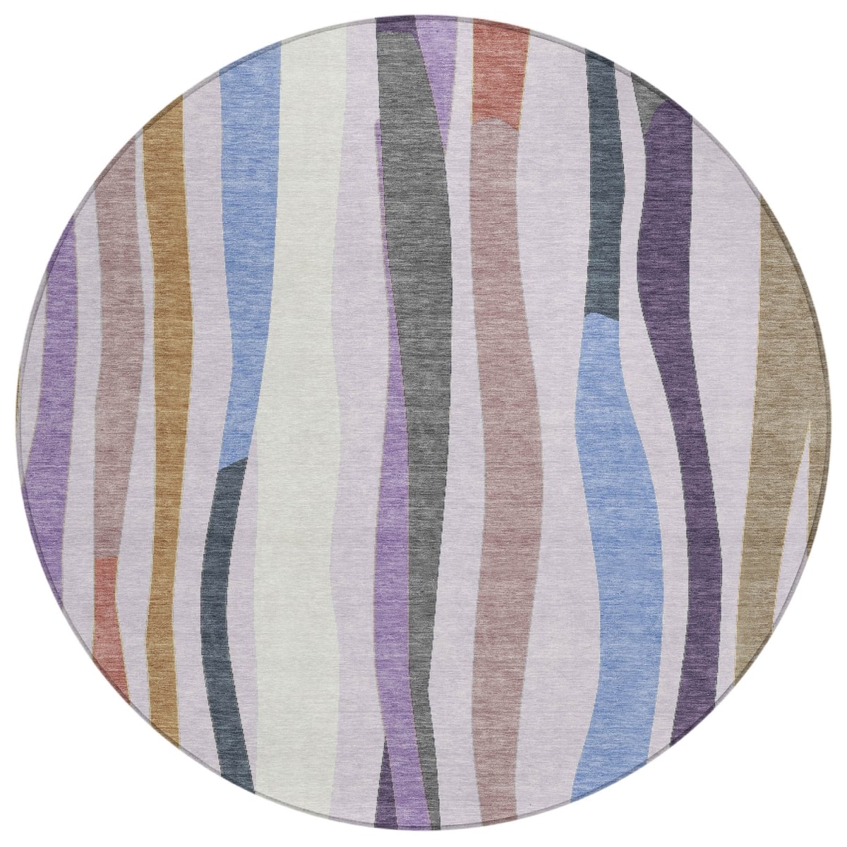 638117 8 ft. Lavender Ivory & Taupe Striped Washable Transitional Indoor & Outdoor Round Area Rug