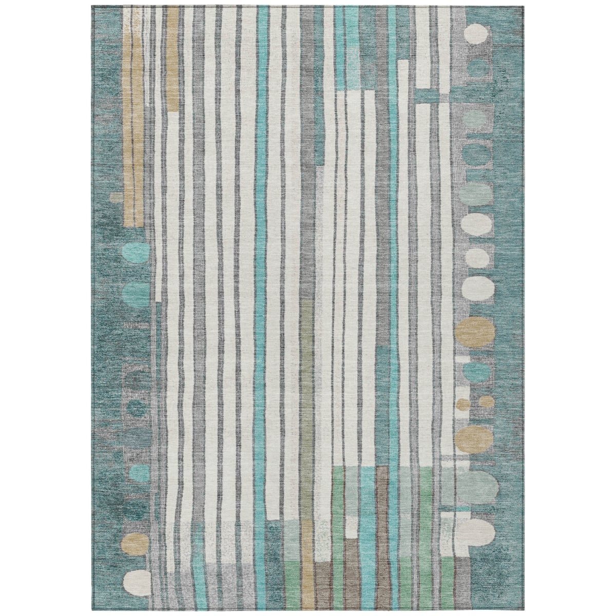 638151 3 x 5 ft. Teal Blue, Ivory & Gold Geometric Washable Transitional Indoor & Outdoor Rectangle Area Rug