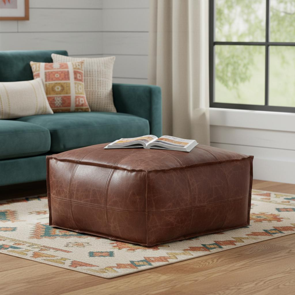 638575 26 in. Brown Leather Pouf Ottoman