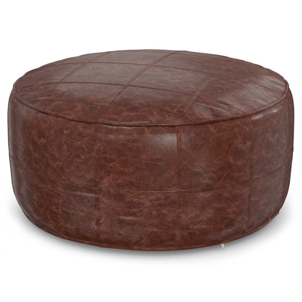 638578 14 x 34 x 34 in. Brown Leather Round Pouf Ottoman