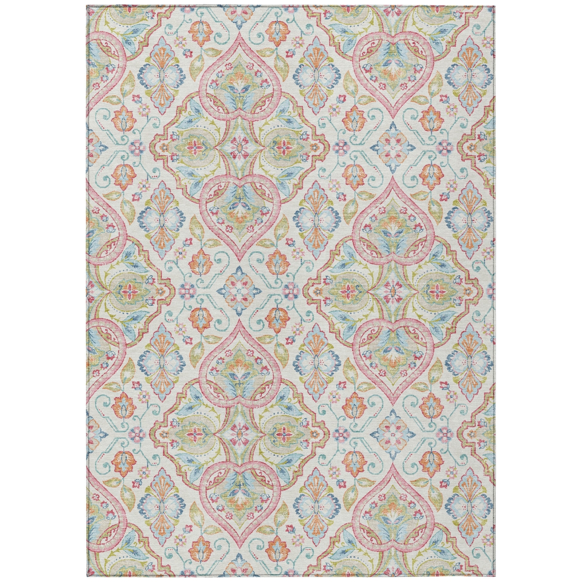 638674 10 x 14 ft. Ivory Pink & Artichoke Green Ogee Washable Transitional Indoor & Outdoor Rectangle Area Rug
