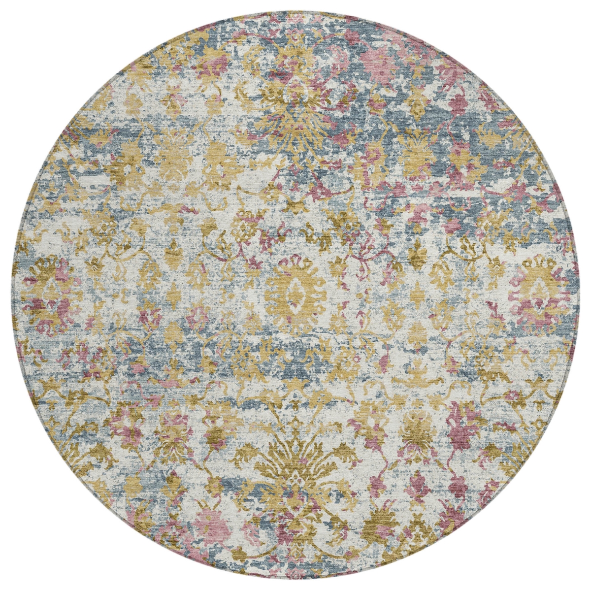 638809 8 ft. Wheat Ivory & Pink Abstract Washable Transitional Indoor & Outdoor Round Area Rug