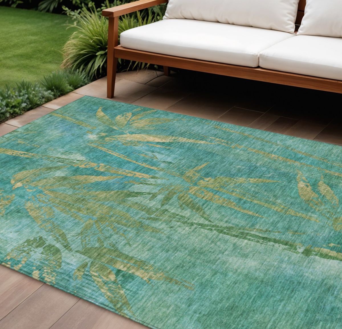 639244 10 x 14 ft. Teal, Blue & Gold Botanical Leaves Washable Transitional Indoor & Outdoor Rectangle Area Rug