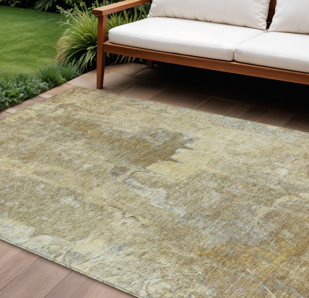 639374 8 x 10 ft. Khaki & Beige Abstract Washable Transitional Indoor & Outdoor Rectangle Area Rug
