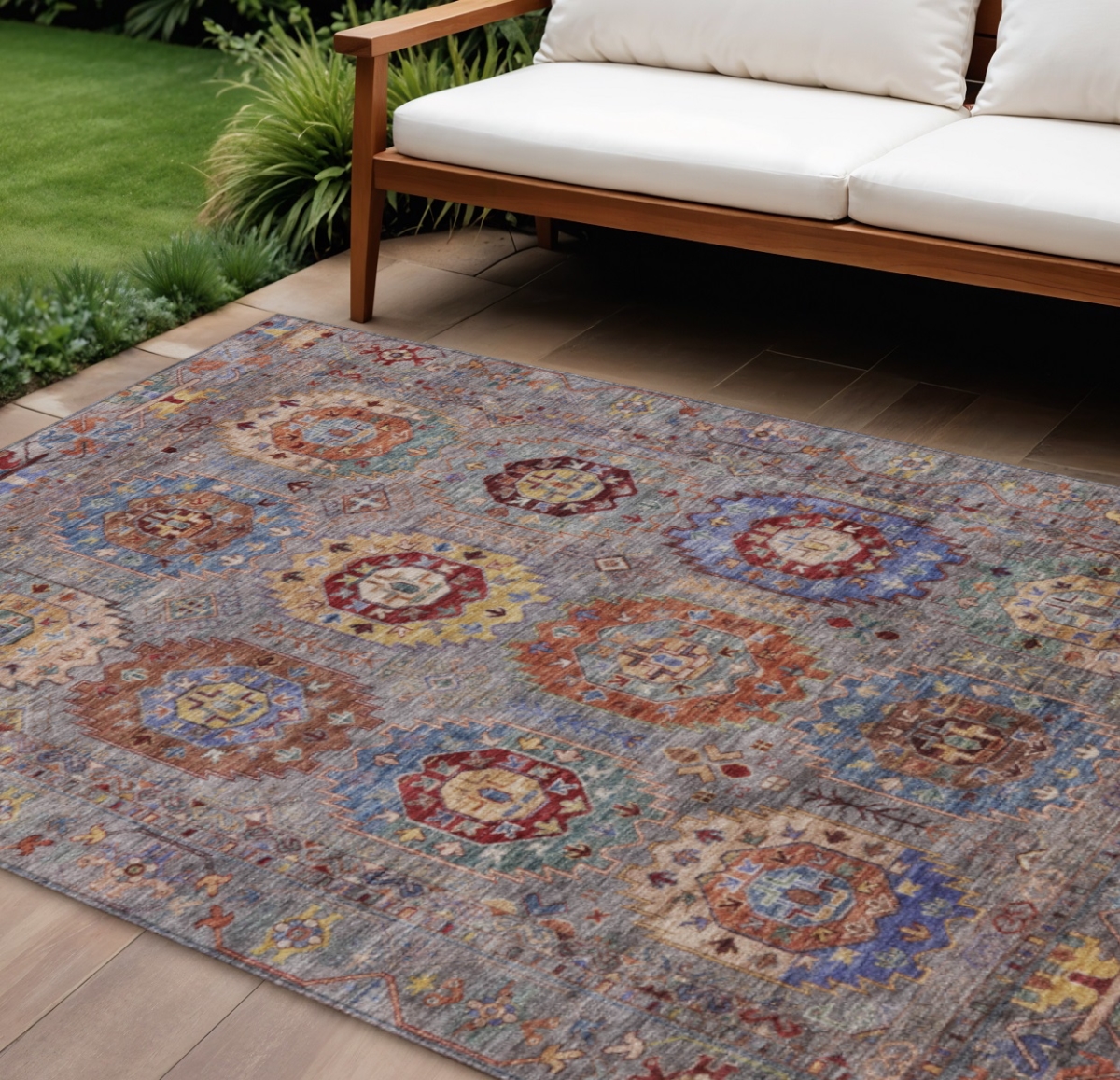 639410 8 x 10 ft. Gray Burgundy & Gold Medallion Washable Traditional Indoor & Outdoor Rectangle Area Rug
