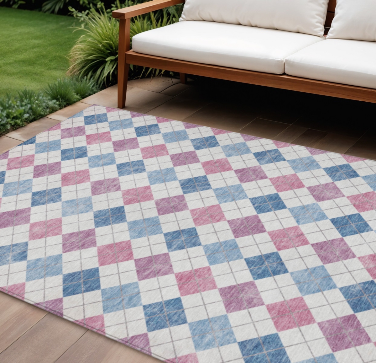 639825 9 x 12 ft. Blue Pink & Ivory Geometric Washable Transitional Indoor & Outdoor Rectangle Area Rug
