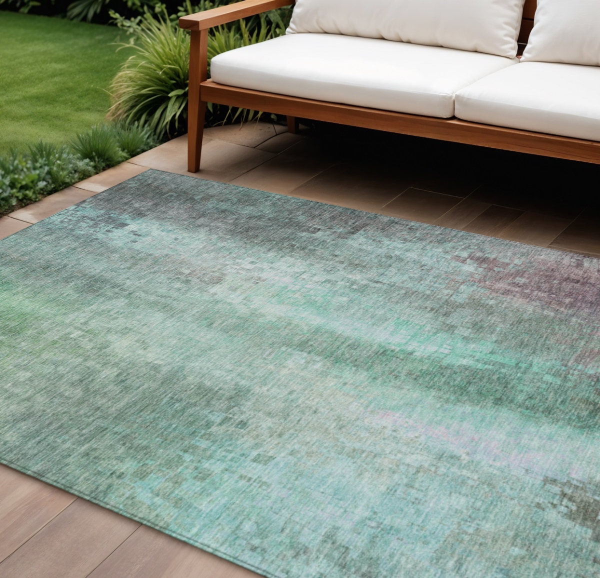 639910 10 x 14 ft. Aqua & Teal Blue Abstract Washable Transitional Indoor & Outdoor Rectangle Area Rug