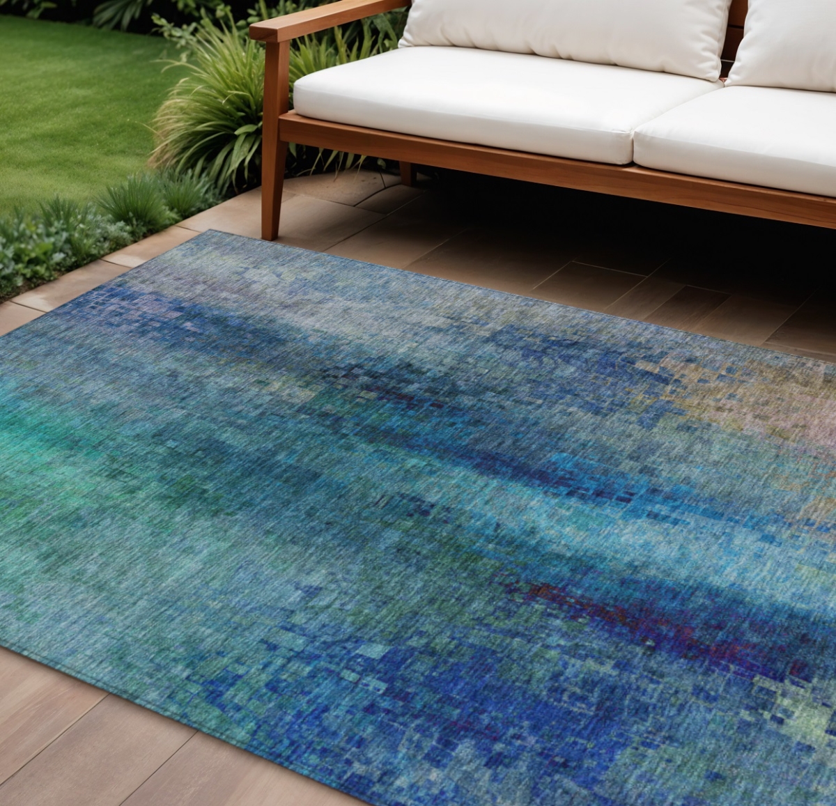 639920 8 x 10 ft. Blue & Tan Abstract Washable Transitional Indoor & Outdoor Rectangle Area Rug