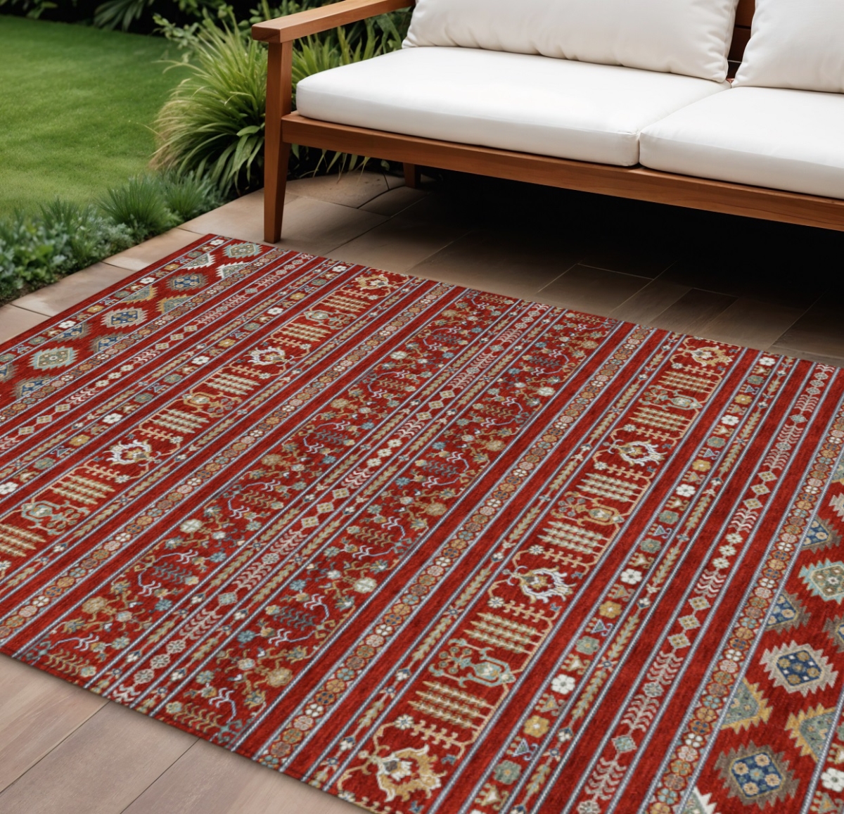 640068 9 x 12 ft. Red Gold & Blue Tribal Washable Transitional Indoor & Outdoor Rectangle Area Rug