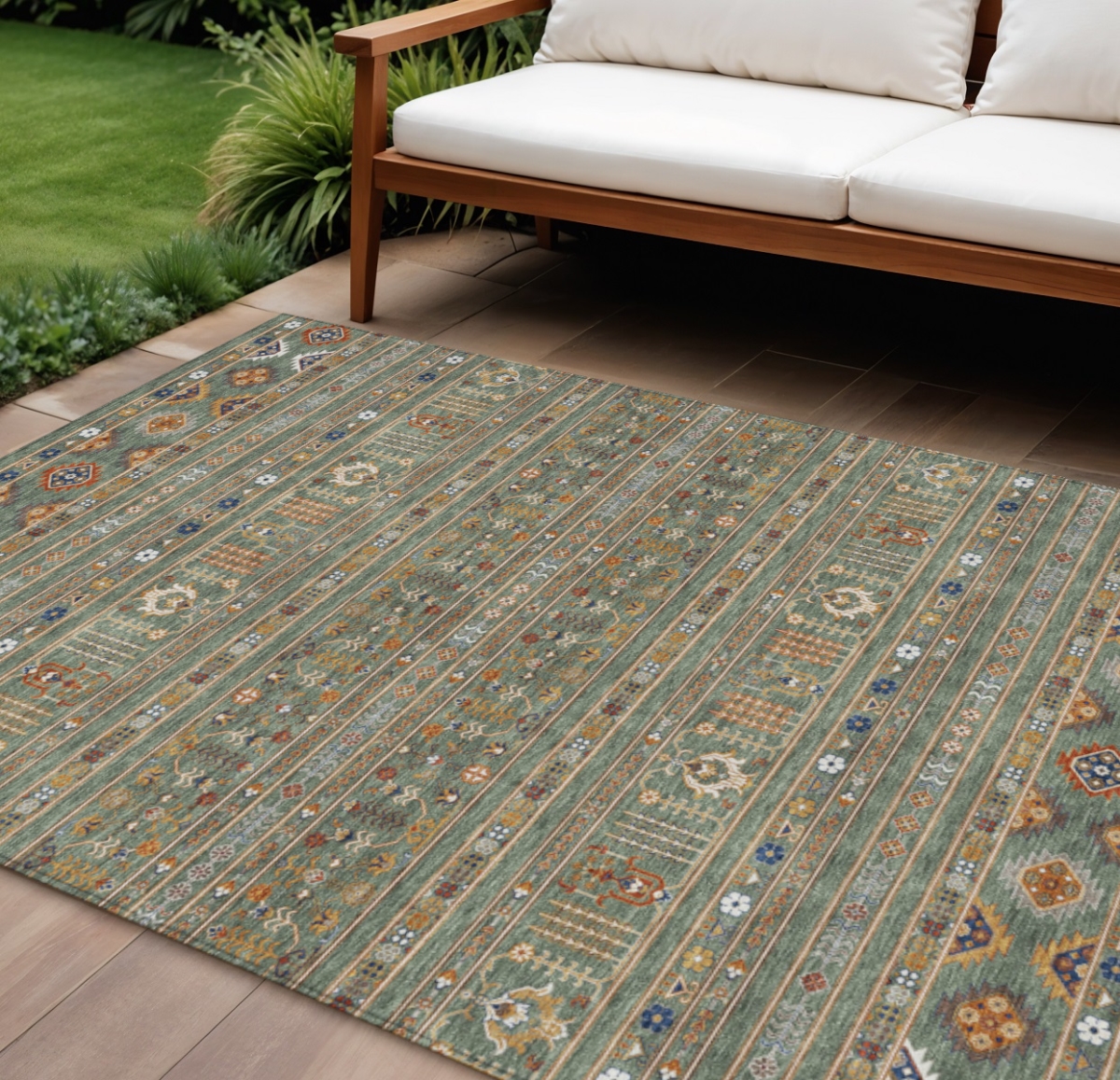 640075 10 x 14 ft. Sage Gold & Copper Tribal Washable Transitional Indoor & Outdoor Rectangle Area Rug
