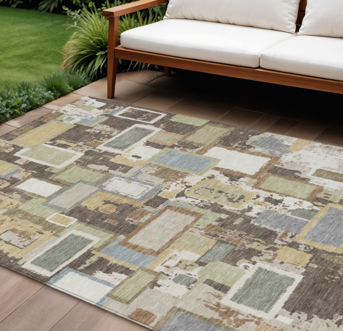 640105 10 x 14 ft. Brown Ivory & Gray Geometric Washable Transitional Indoor & Outdoor Rectangle Area Rug