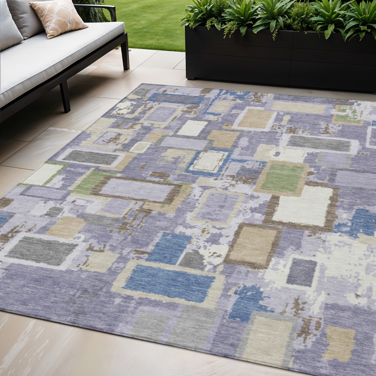 640119 5 x 8 ft. Purple Tan & Ivory Geometric Washable Transitional Indoor & Outdoor Rectangle Area Rug