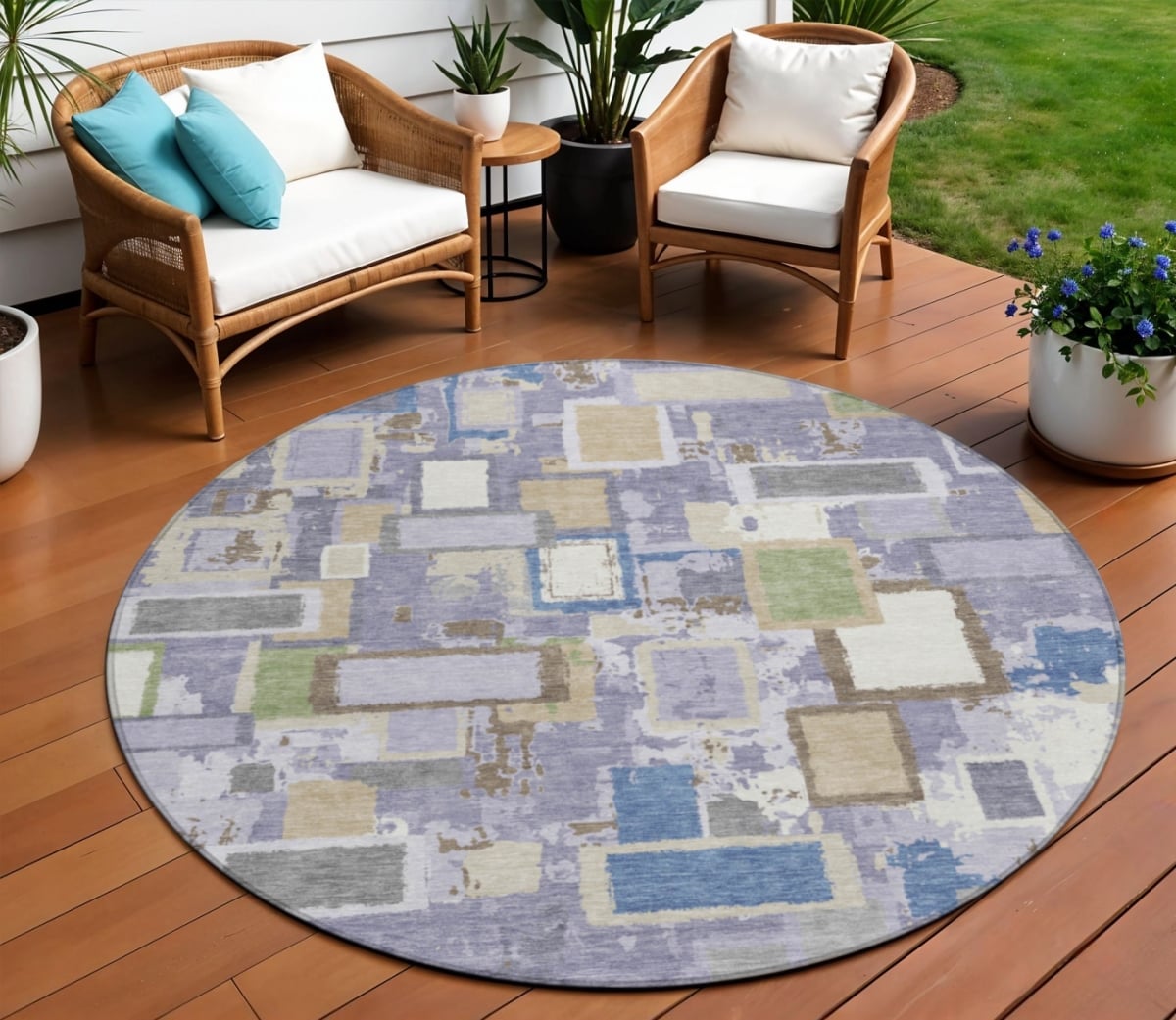 640120 8 ft. Purple Tan & Ivory Geometric Washable Transitional Indoor & Outdoor Round Area Rug