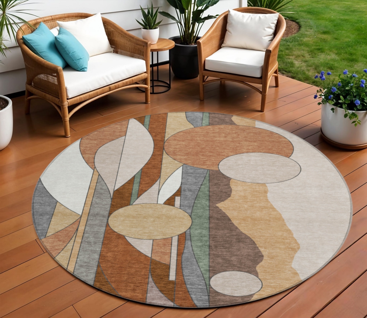 640516 8 ft. Copper & Ivory Geometric Washable Transitional Indoor & Outdoor Round Area Rug
