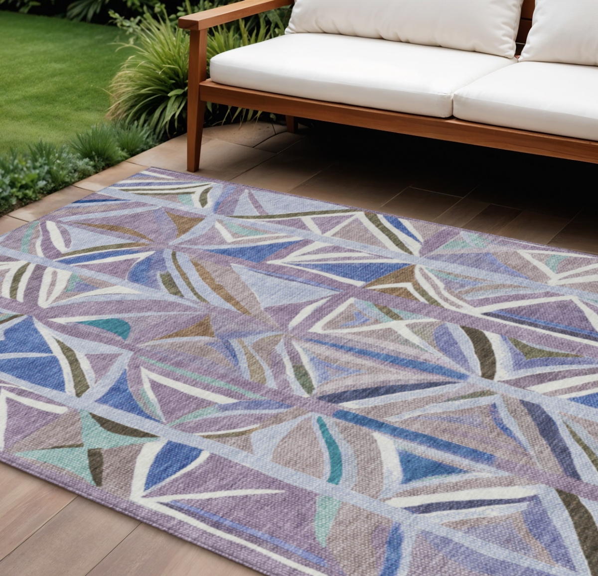 640549 10 x 14 ft. Lavender Ivory & Blue Geometric Washable Transitional Indoor & Outdoor Rectangle Area Rug