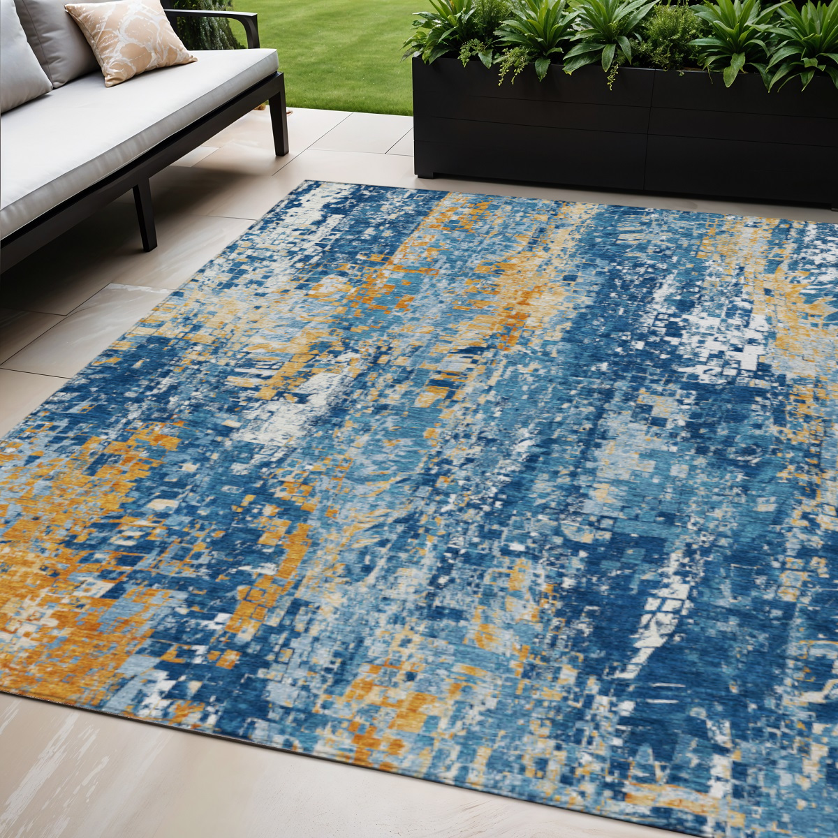 640575 5 x 8 ft. Navy Blue Gold & Ivory Abstract Washable Transitional Indoor & Outdoor Rectangle Area Rug