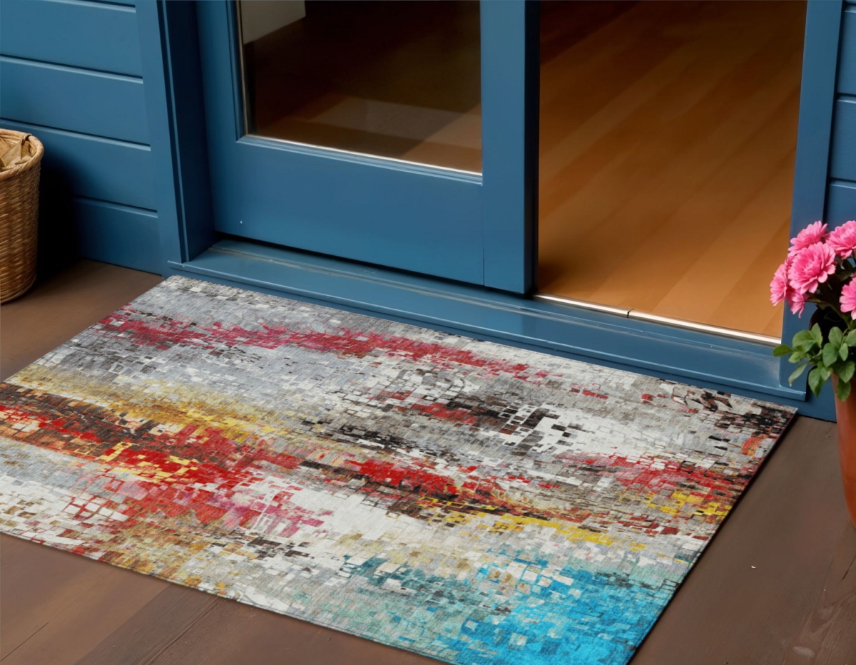 640586 3 x 5 ft. Silver Red Teal, Blue & Ivory Abstract Washable Transitional Indoor & Outdoor Rectangle Area Rug